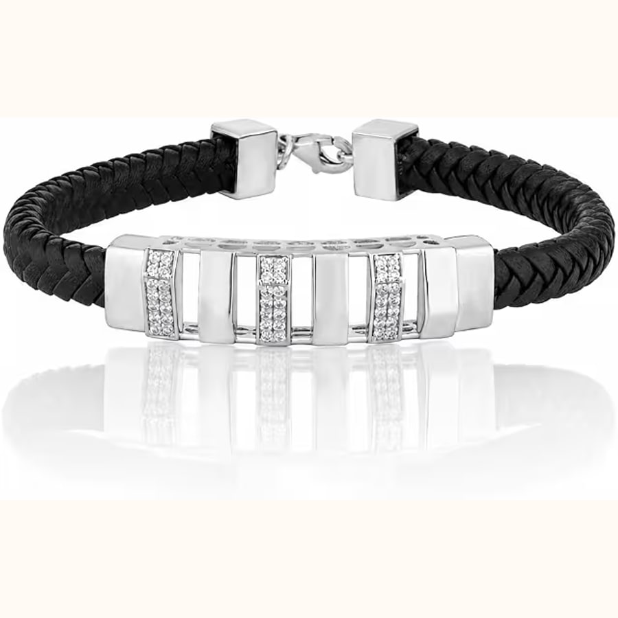 Braided Leather/rolex Bracelet with Diamond Look CZ Designer Kada Style 7 925 sterling silver jewellery