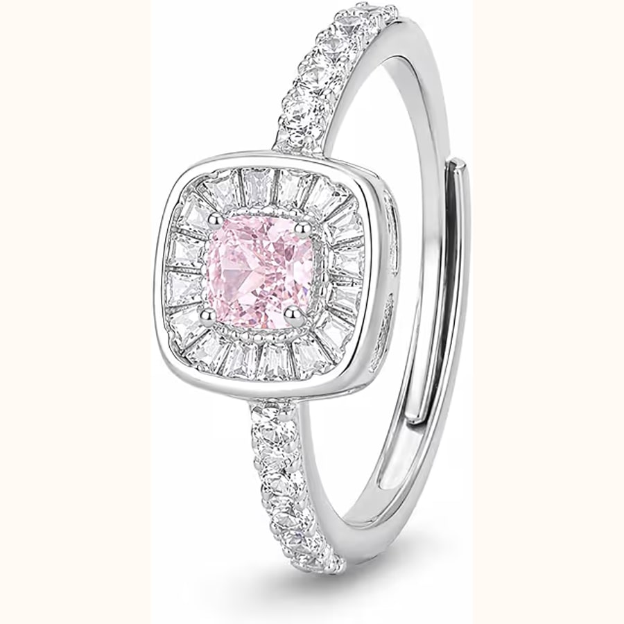 Pink Cushion Cut CZ Ring Crystal Ring Adjustable 925 sterling silver jewellery